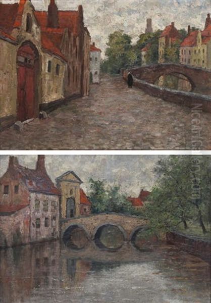 Vue D'un Canal A Bruges (pair) Oil Painting by Alfons de Clercq