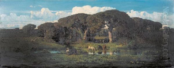 Landschaftsidylle Mit Pferden Am Weiher Oil Painting by Jean-Baptiste Clesinger