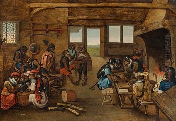 Monkeys In A Guardroom Oil Painting by Marten van Cleve the Elder