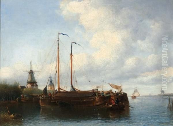 Platbodems Bij Hollands Stadje Oil Painting by Willem Lodewijk Andrea