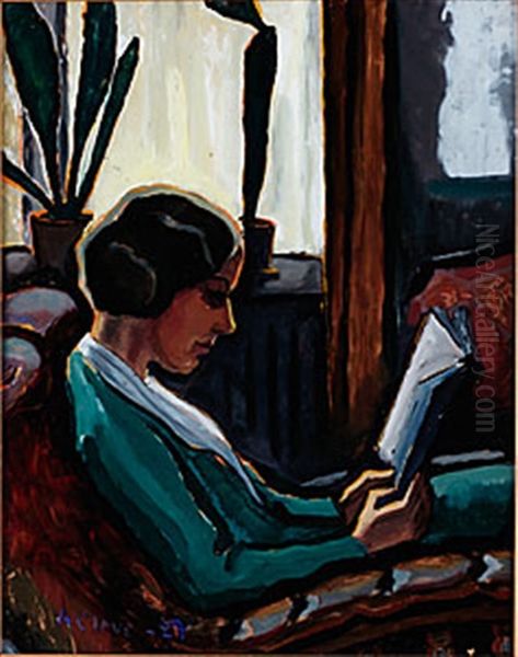 Interior Med Lasande Kvinna Oil Painting by Agnes Cleve