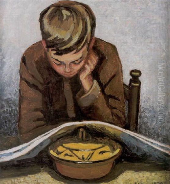 Per-erik Jon-and Slukar Kvallsbladet Oil Painting by Agnes Cleve