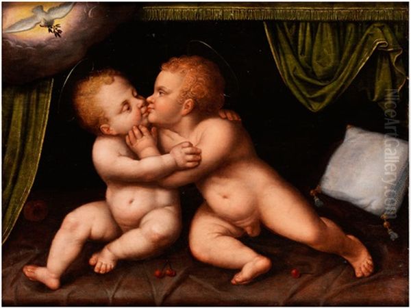 Jesus Und Johannes Der Taufer Als Kinder In Umarmung Oil Painting by Joos Van Cleve