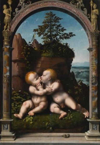 The Infant Christ And Saint John The Baptist As Children Embracing In A Landscape, Surrounded By A Classical Archway Oil Painting by Joos Van Cleve
