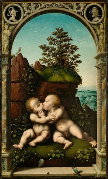 Christus Und Johannes Als Kinder, Einander Umarmend Oil Painting by Joos Van Cleve