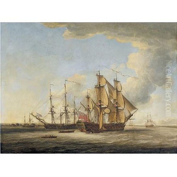 Two British Men-o-war Among Other Ships In An Estuary Oil Painting by John Cleveley the Younger