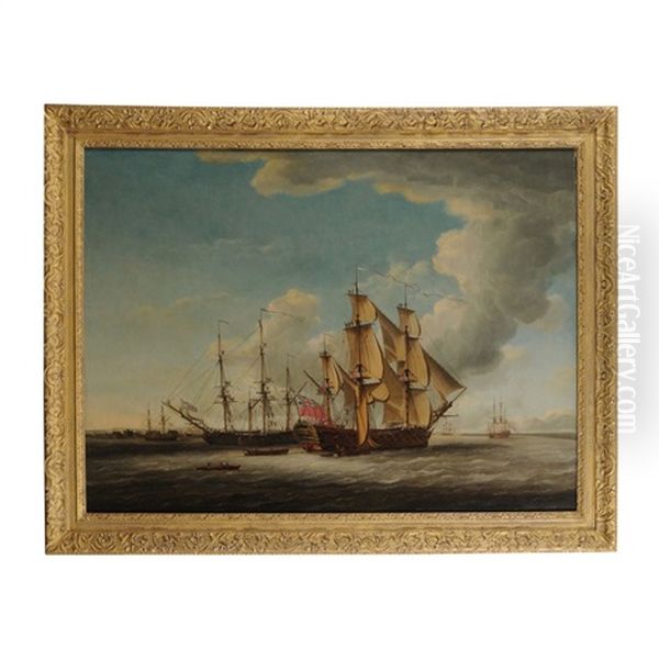 Two 32-gun Frigates Receiving Their Captains Oil Painting by John the Elder Cleveley