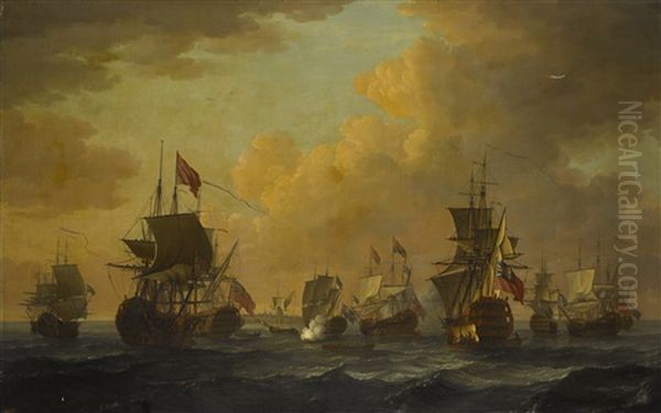 Shipping Off A Coast, With One Flying The Royal Standard, Another With A Vice Admiral Of The Red, Another With A Rear Admiral Of The Blue Oil Painting by John the Elder Cleveley