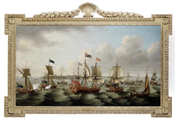 The Flotilla Of Ships, Led By The Royal Charlotte In Company With Five Other Royal Yachts, Arriving Off Harwich On 6 September 1761 Oil Painting by John the Elder Cleveley