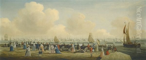 King George Iii Reviewing The Fleet At Spithead, Off Portsmouth Harbour Oil Painting by John the Elder Cleveley