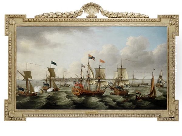 The Flotilla Of Ships, Led By The Royal Charlotte In Company With Five Other Royal Yachts, Arriving Off Harwich On 6th September, After Conveying Princess Charlotte Of Mecklenburg To England For Her Marriage To George Iii Oil Painting by John the Elder Cleveley