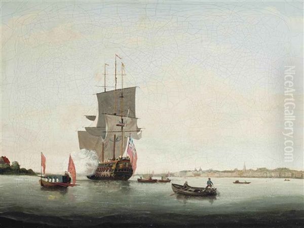 A British Man-o'war Saluting Her Departure From Her Anchorage On The Thames At Greenwich Oil Painting by John the Elder Cleveley