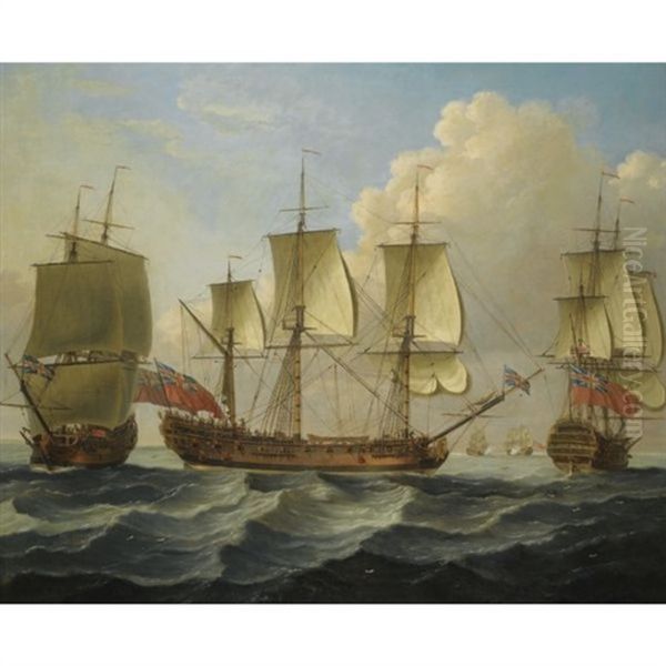 An East Indiaman In Three Positions Oil Painting by John the Elder Cleveley