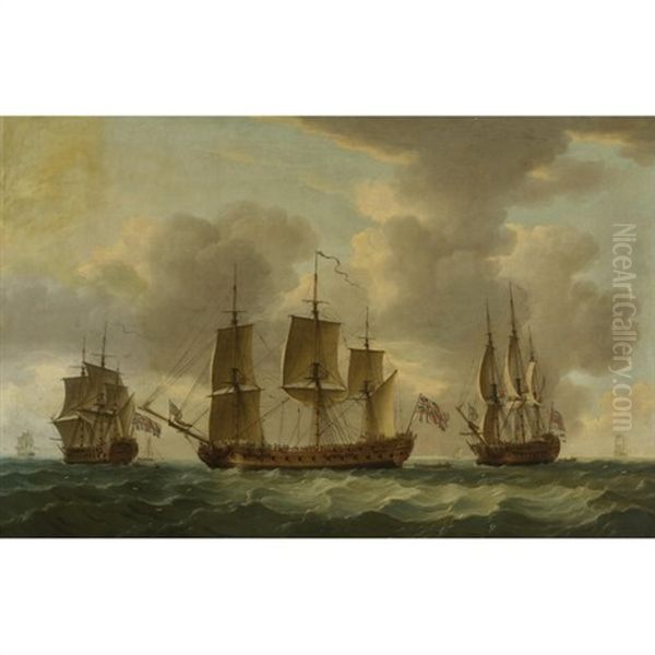 The Frigate H.m.s. Pallas In Three Positions Oil Painting by John the Elder Cleveley