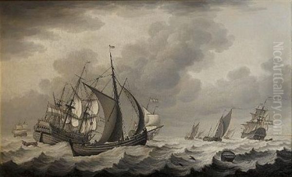Dutch Merchantmen And Smaller Coastal Craft In A Heavy Swell Oil Painting by John the Elder Cleveley