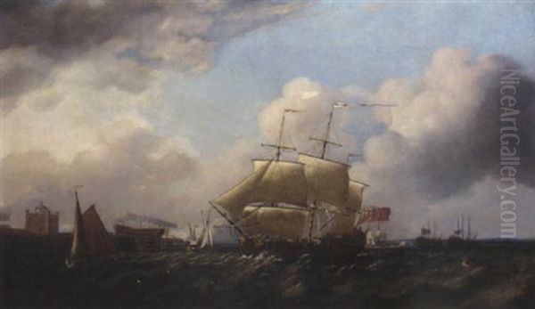 A British Man-o'war Passing Sheerness, With A Large Warship On The Stocks In The Dockyard And Two Vessels Laid Up Offshore Oil Painting by John the Elder Cleveley