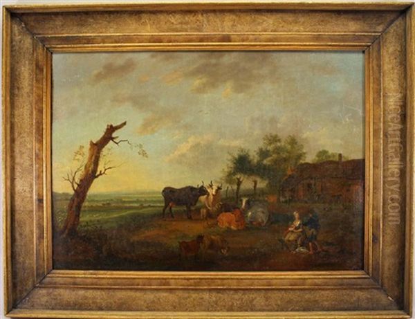 Cattle Outside Of Farmstead Oil Painting by Antoine Clevenbergh