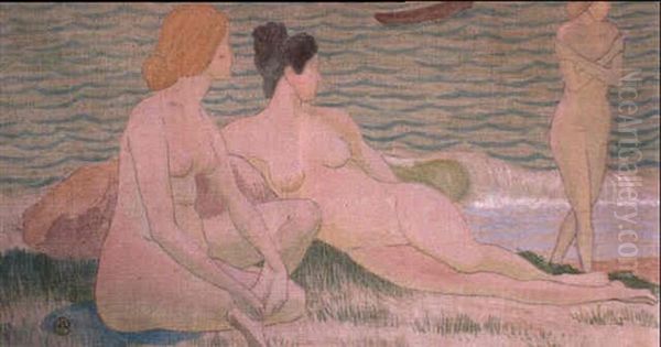 Les Trois Baigneuses Pres Du Rivage Oil Painting by Albert Clouard