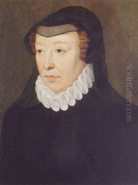 Portrait Of A Lady, (catherine De'medici?), Wearing A Black Dress And A White Ruff Oil Painting by Francois Clouet