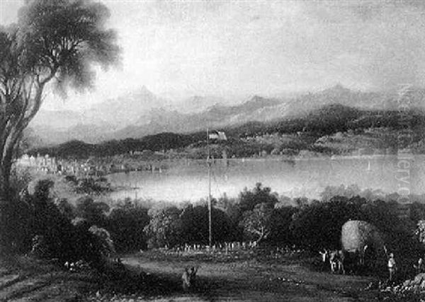 View Of Meredith, N.h., Figures Dancing Around A Maypole Oil Painting by Edmund C. Coates