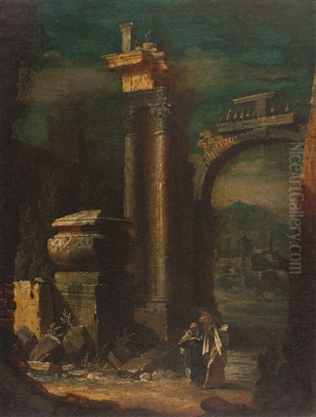 Architectural Capricio With Classical Ruins And A Sarcophagus Oil Painting by Leonardo Coccorante