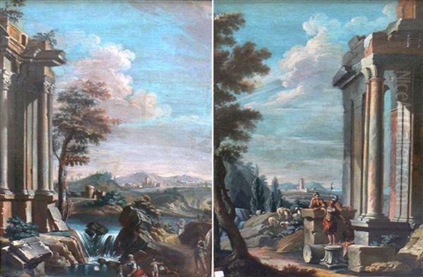 Soldats Pres D'une Architecture Antique (+ Lavandieres Pres D'une Fontaine; Pair) Oil Painting by Leonardo Coccorante