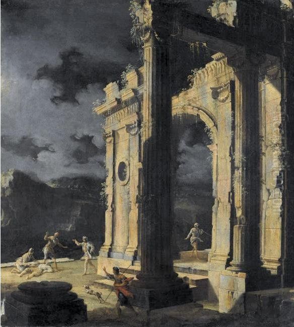 An Architectural Capriccio With Figures Amongst Ruins Under A Stormy Night Sky Oil Painting by Leonardo Coccorante