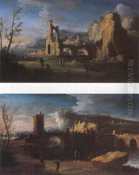 Paesaggio Con Rovine Architettonicho E Figure Oil Painting by Leonardo Coccorante