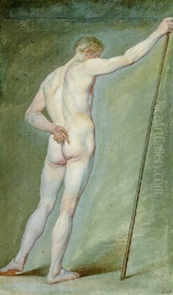 A Nude Holding A Stick, Seen From Behind Oil Painting by Charles Nicolas Cochin Le Jeune