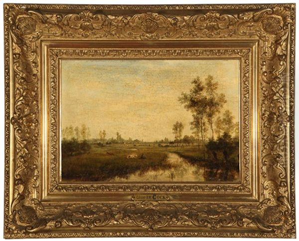 Cattle Resting In A Flemish River Landscape Oil Painting by Cesar De Cock