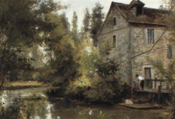 Children By A Mill Oil Painting by Cesar De Cock