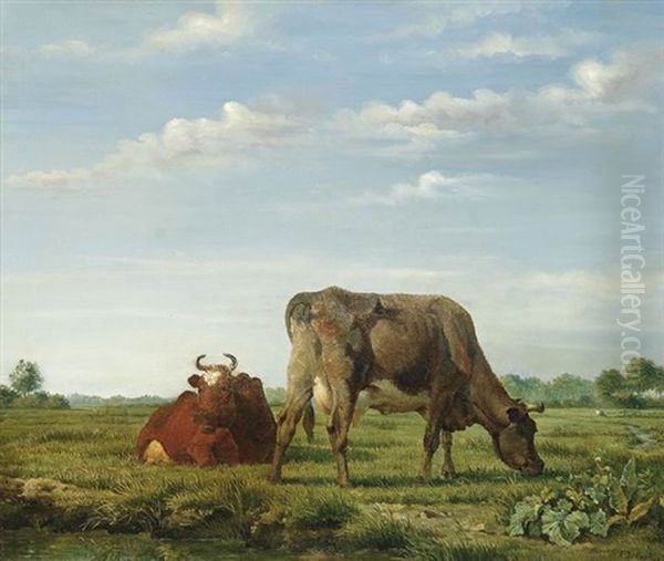 Weidelandschaft Mit Zwei Kuhen Oil Painting by Xavier De Cock
