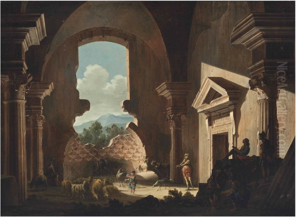 Shepherds And Their Flock, Soldiers And A Draughtsman Inside Ancient Ruins Oil Painting by Niccolo Codazzi
