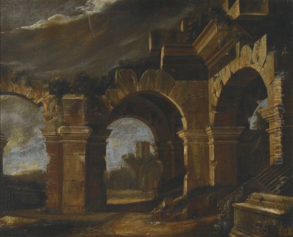An Architectural Capriccio Of Ruined Arches In An Italianate Landscape, A Tower Beyond; And An Architectural Capriccio With An Ionic Portico And A Ruined Basilica Beyond Oil Painting by Niccolo Codazzi