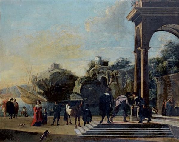 Portique D'un Palais Classique Sur Un Rivage Rocheux Anime De Nombreux Personnages Oil Painting by Niccolo Codazzi