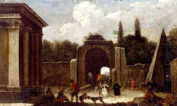 A Capriccio Of Classical Ruins With Elegant Company In The Foreground (circle Of Viviano Codazzi And Dirk Theodor Helmbrecker) Oil Painting by Viviano Codazzi
