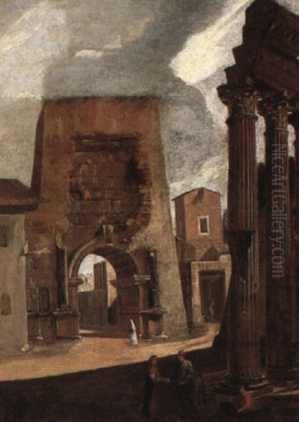 A Southern Street Scene With Figures By Classical Ruins Oil Painting by Viviano Codazzi