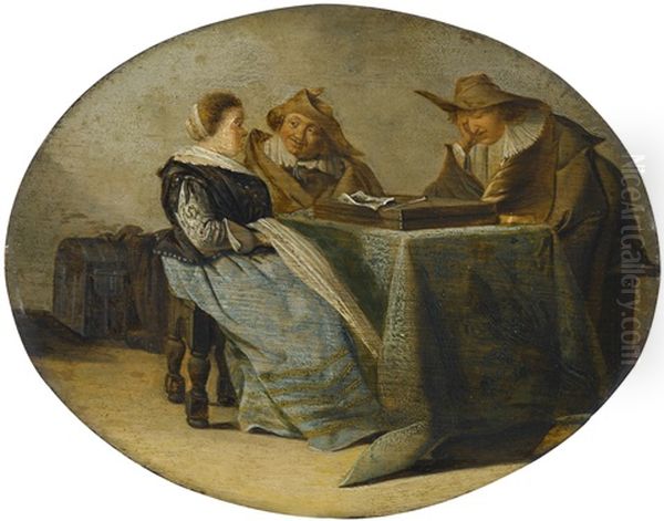 Interior With Two Men And A Woman Sitting By A Table Oil Painting by Pieter Codde