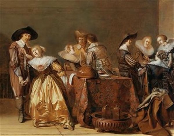 A Merry Company Conversing In An Interior Oil Painting by Pieter Codde