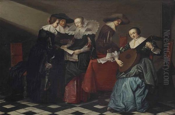 An Interior With An Elegant Company Making Music And Singing Oil Painting by Pieter Codde
