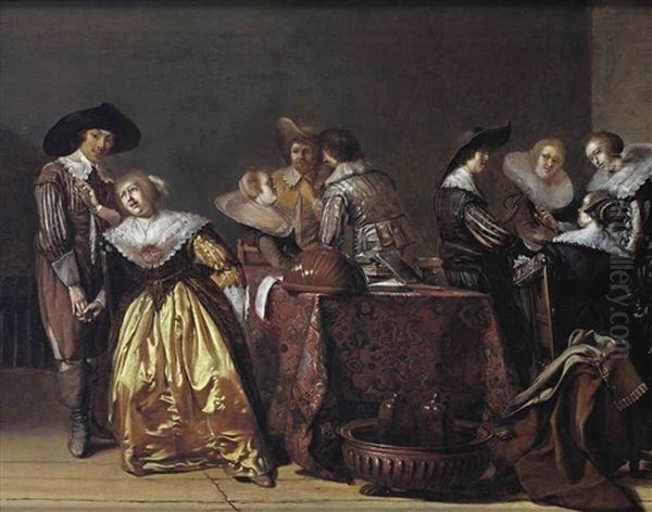 A Merry Company Conversing In An Interior, A Lute, A Flute And Books On A Draped Table Oil Painting by Pieter Codde