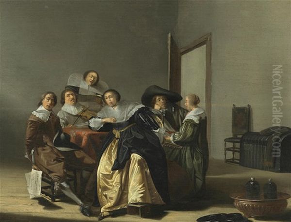 An Interior With Figures Around A Table Oil Painting by Pieter Codde