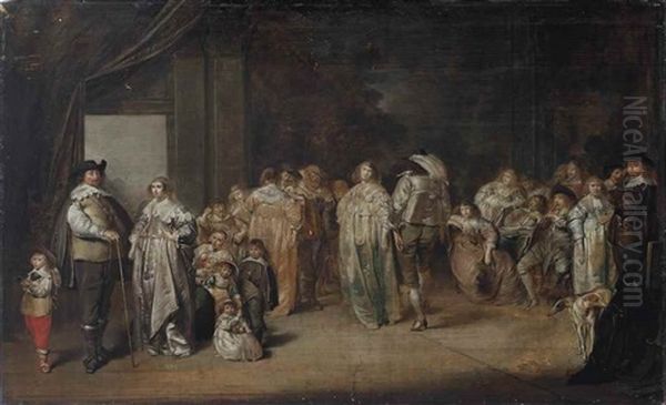 A Group Portrait Of An Elegant Family And A Company Dancing, Conversing And Making Music In An Interior Oil Painting by Pieter Codde