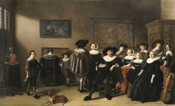 Family Portrait With Husband, Wife And Two Daughters Seated At A Table Draped In Red Cloth, A Son Playing A Lute, Another Son Holding A Fiddle Beside A Lady Playing The Virginal, A Maidservant Pouring Wine By The Window, And A Dog Resting On The Floor Oil Painting by Pieter Codde