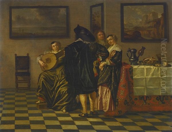 Interior Scene With A Seated Lady Playing The Lute, Two Finely-dressed Gentleman, And Another Lady Leaning Against A Table Draped With A Persian Rug And White Linen, Upon Which Stand A Pewter Jug, An Unfinished Pie And A Peeled Lemon Oil Painting by Pieter Codde