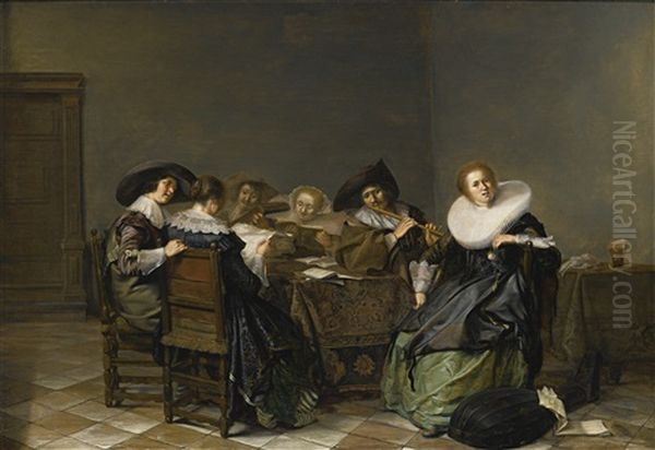 An Interior With Musicians Seated Around A Table Oil Painting by Pieter Codde