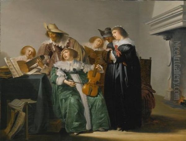 Elegant Company Making Music Oil Painting by Pieter Codde