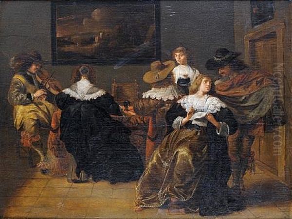 An Elegant Company Drinking And Making Music Oil Painting by Pieter Codde