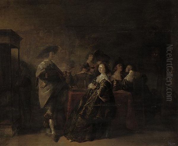 Elegant Company At A Table In An Interior Oil Painting by Pieter Codde