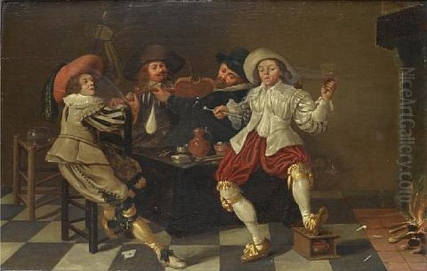 Merry Company Making Music In An Interior Oil Painting by Pieter Codde